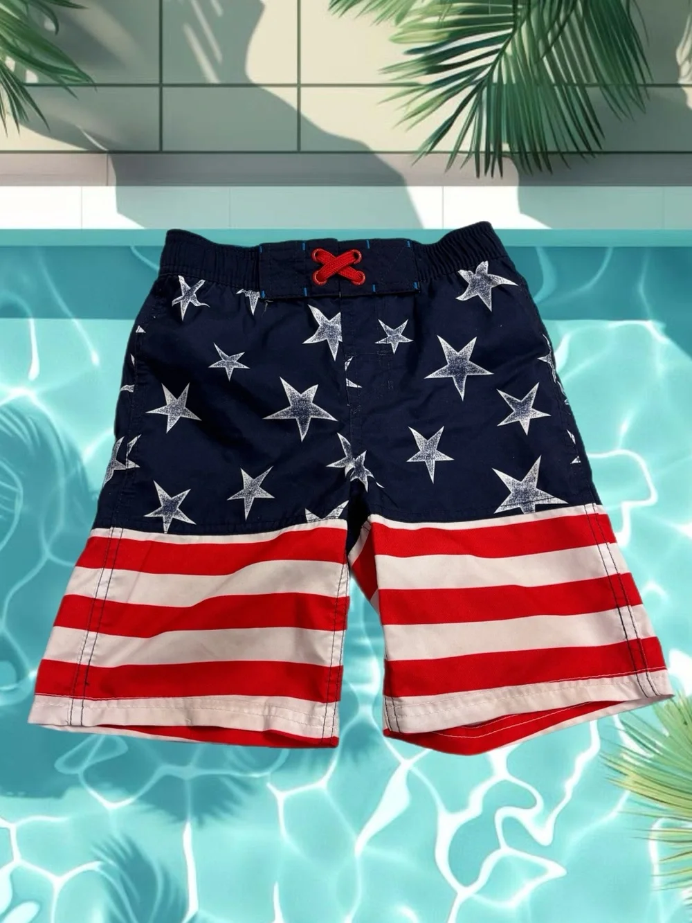Cat & Jack Boys American Flag Swim Trunks Red White Blue Size S 6/7